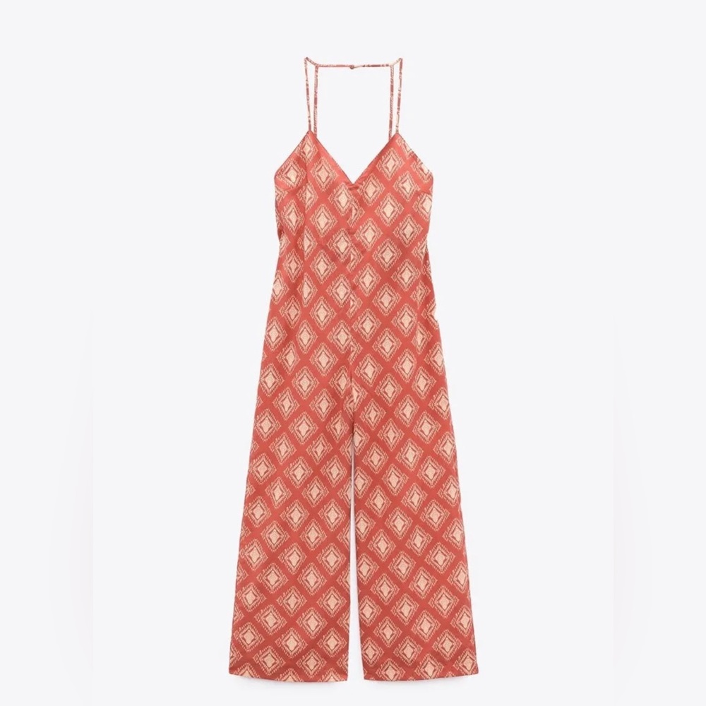 Zara NWOT Printed The Jami Print Jumpsuit orange/creme size Small - Picture 9 of 9